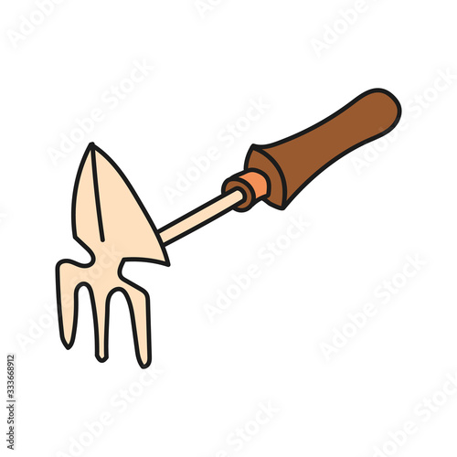 Garden small shovel rake. Hand drawn colored simple icon.