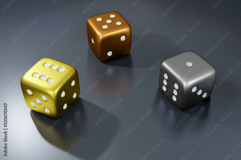 Poker dice. View of golden, silver and bronze dice. Casino dice on grey background. Online casino dice gambling concept isolated on grey Poker dice. View of golden, silver and bronze dice. Casino dice on grey background. Online casino dice gambling concept isolated on grey