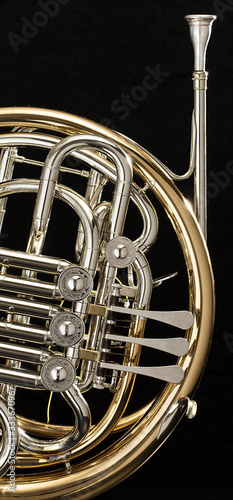 French horn on black background