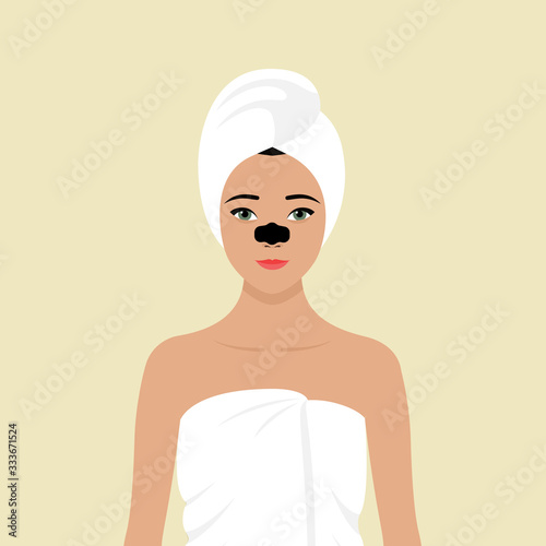 A young girl wrapped in a towel, with a towel on her head, with a cleansing strip on her nose. Stock vector flat illustration. The concept of self-care for the skin of the face