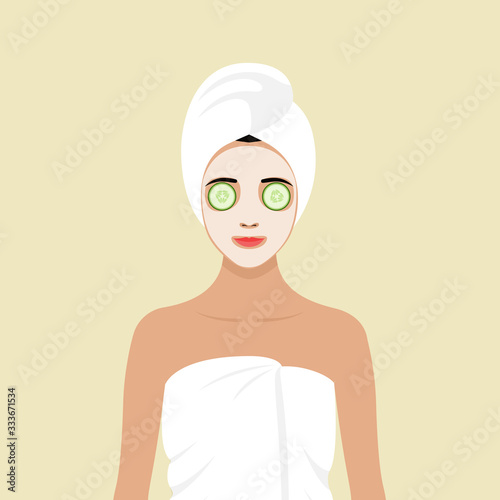 A young girl wrapped in a towel with a cosmetic mask on her face. Stock vector illustration