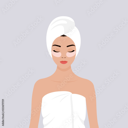 A young girl wrapped in a towel, with a towel on her head, with cosmetic patches under her eyes. Stock vector flat illustration. The concept of self-care for the skin of the face.