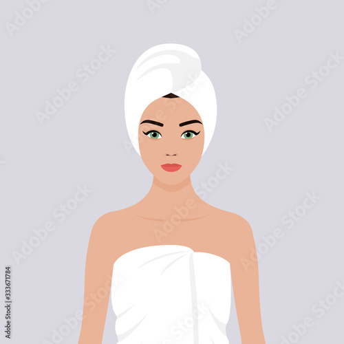 A young girl wrapped in a towel, with a towel on her head. Stock vector flat illustration. The concept of self-care for the skin of the face