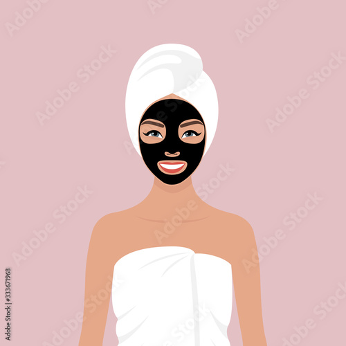 A young girl wrapped in a towel with a cosmetic mask on her face. Stock vector illustration