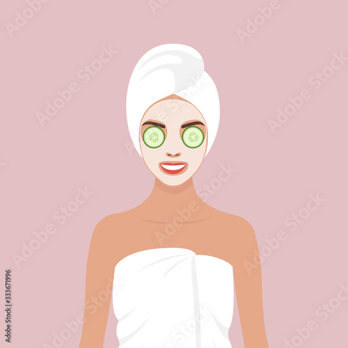 A young girl wrapped in a towel with a cosmetic mask on her face. Stock vector illustration
