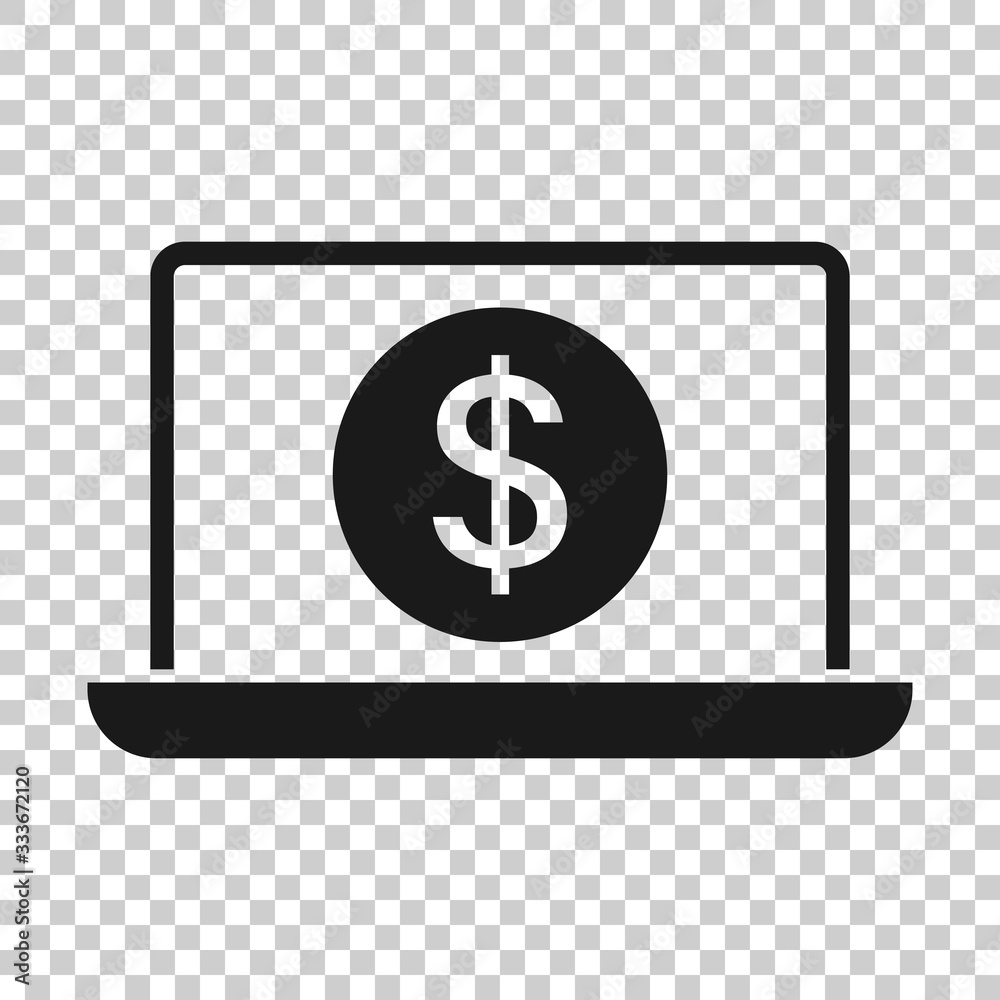 Laptop with money icon in flat style. Computer dollar vector illustration on white isolated background. Finance monitoring business concept.