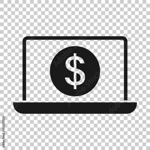 Laptop with money icon in flat style. Computer dollar vector illustration on white isolated background. Finance monitoring business concept.