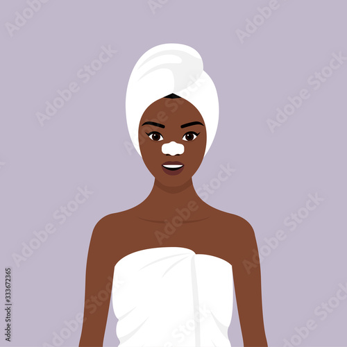 A young girl wrapped in a towel, with a towel on her head, with a cleansing strip on her nose. Stock vector flat illustration. The concept of self-care for the skin of the face