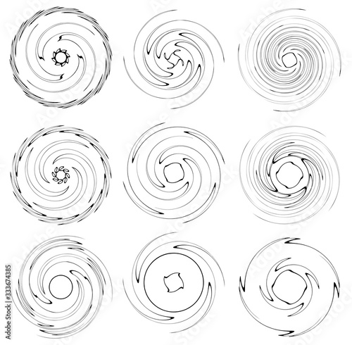 Set of black and white vortex, volute shapes. Twisted helix elements
