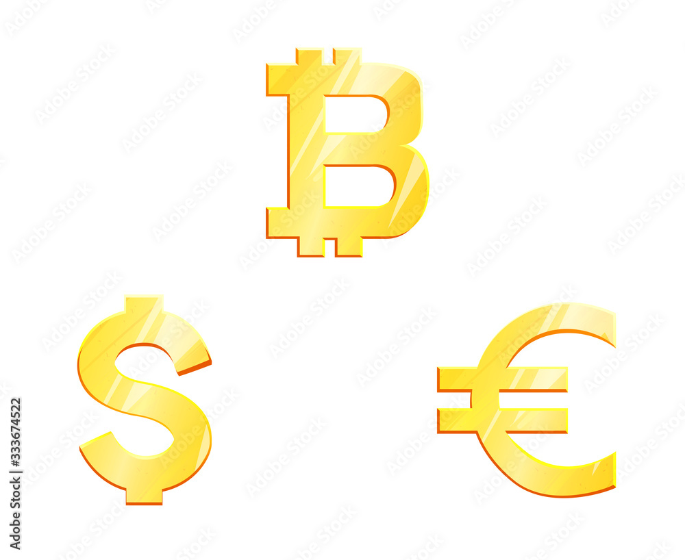 World currency gold symbol set. Main currencies dollar, euro, bitcoin. Finance investment concept. Exchange Money banking illustration. Business income earnings. Financial sign stock vector. World currency gold symbol set. Main currencies dollar, euro, bitcoin. Finance investment concept. Exchange Money banking illustration. Business income earnings. Financial sign stock vector.