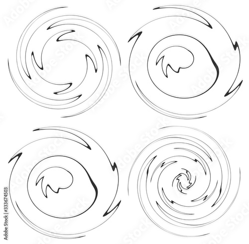 Set of black and white vortex, volute shapes. Twisted helix elements