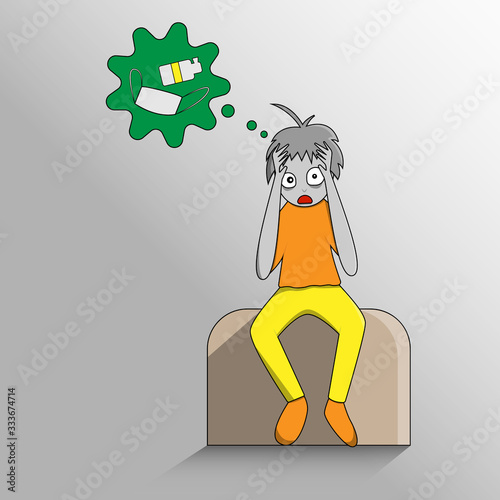 vector illustration on the theme of the coronavirus pandemic, a guy turned gray with horror in a panic sitting on the sofa and thinking about masks and antiseptics