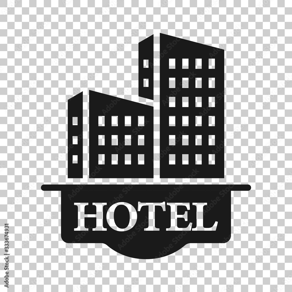 Hotel sign icon in flat style. Inn building vector illustration on white isolated background. Hostel room business concept.