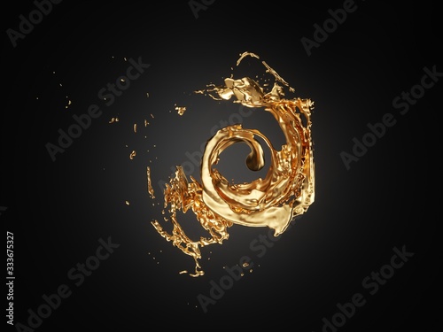 Abstract splash of liquid gold on black background. 3d rendering - illustration.