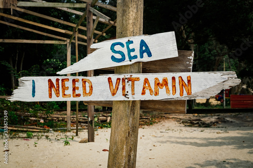 pieces of wood with hand painted beach activities attached to tree stump in Pangkor Island, Perak State, Malaysia