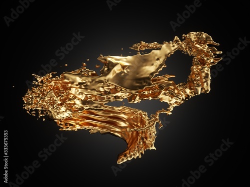Abstract splash of liquid gold on black background. 3d rendering - illustration.