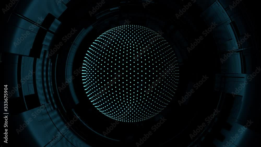 3d render of abstract dark sphere with rotating blue neon dots patterns and dark architectural structure background. 4k seamless loop animation.