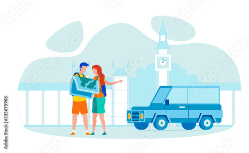 Great Britain Road Trip Flat Vector Illustration. Tourists with Backpacks Cartoon Characters Searching London Landmarks. UK Sightseeing Tour. Big Ben World Famous Tourist Attraction