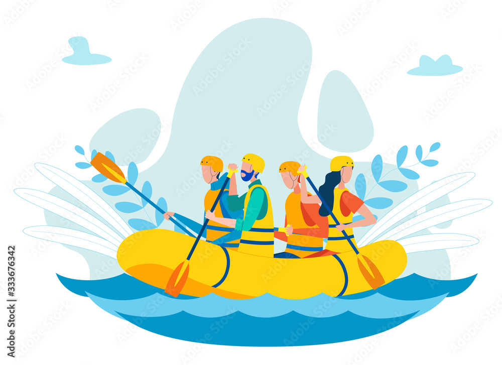 Team Paddling in Inflatable Boat Flat Illustration. People Wearing Safety Helmets and Vest, Rowing in Wild Water Cartoon Vector Characters. Rafting Competition, Extreme Hobby, Water Sport