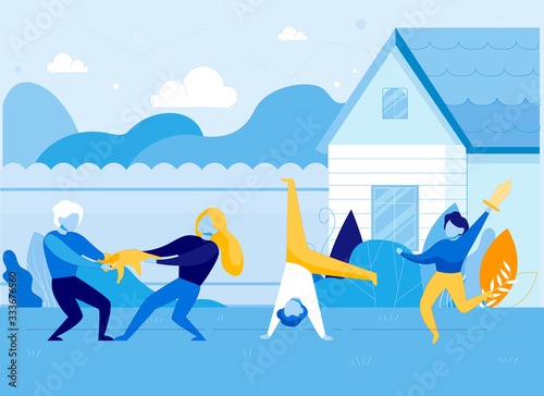 Hyperactive Children on House or School Backyard Flat Cartoon Vector Illustration. Kid Standing Upside Down, Running with Sword. Boy and Girl Fighting over Toy. Characters with Bad Behaviour Outdoor.