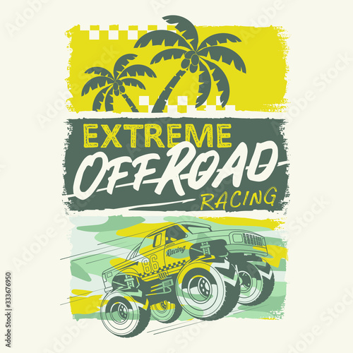 vintage summer poster with palms , racing sport typography