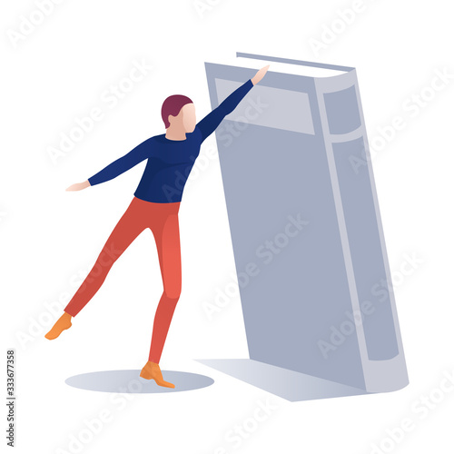 Faceless Male Character Holds Huge Educational Book. Student, Schoolboy, Reader, Writer, Literature Critic, Editor Man. Isolated Cartoon in Flat Style. Exam Preparation. Bookfest. Vector Illustration photo