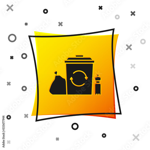 Black Recycle bin with recycle symbol icon isolated on white background. Trash can icon. Garbage bin sign. Recycle basket. Yellow square button. Vector Illustration