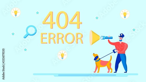 Informative Poster Inscription 404 Error Flat. E-mail Marketing in Arsenal Internet Marketers. Guard with Dog Shines Lantern on Inscription. Hacking Page due to Newsletter. Vector Illustration.