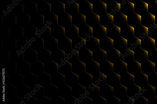 Honeycombs. Background abstract minimalistic texture with many rows of volumetric black figures of hexagons lying in yellow light. Animation. Mobile wall made of briquettes. Gold stars, waves