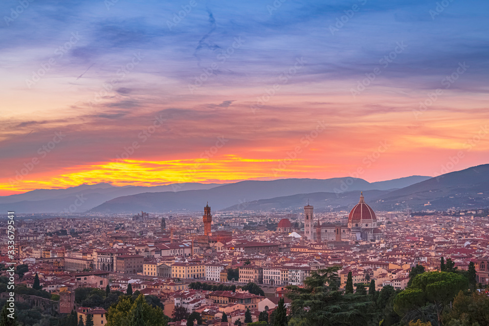 Beautiful wide angle view of sunset over Florence, Italy