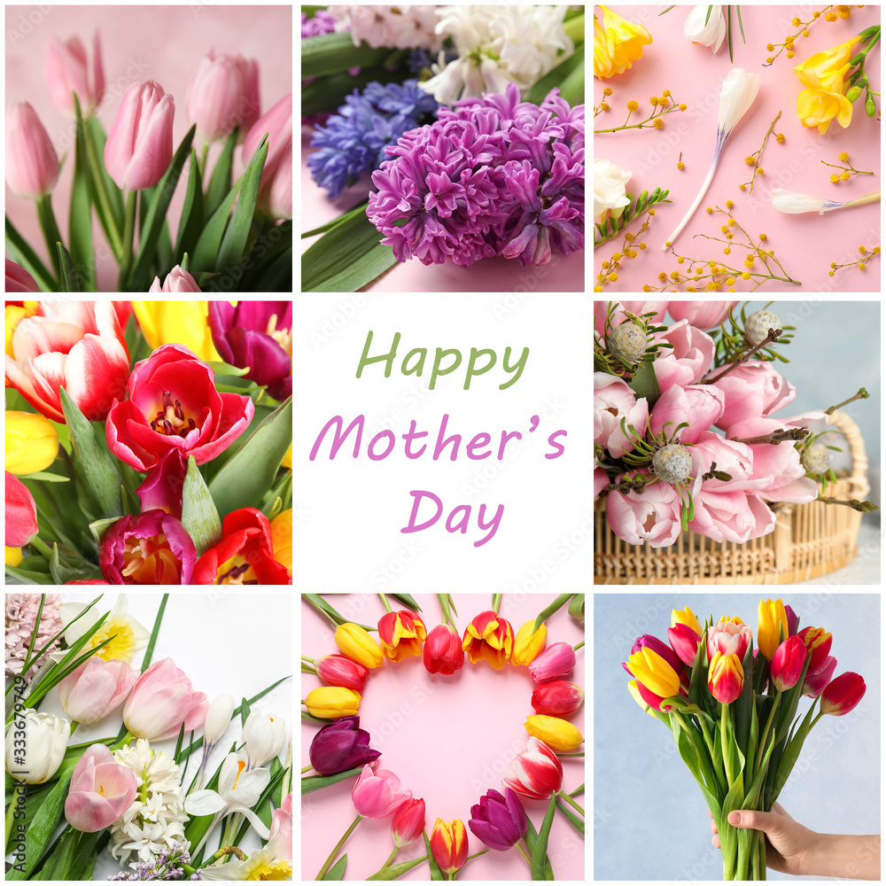 Naklejka Collage with photos of beautiful flowers and text Happy Mother's Day