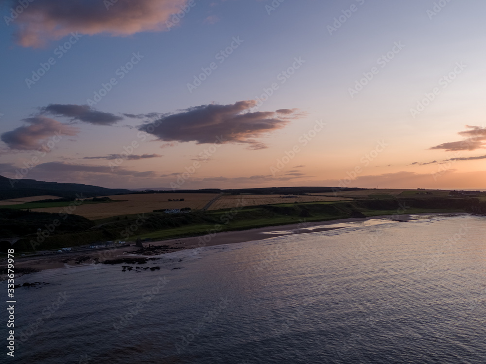 Aerial drone photo Cullen beach Scotland  at sunset