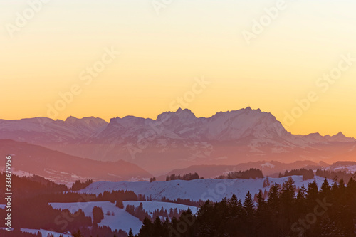 Landscape and sky at sunset in winter. Saentis mountain, Alpstein, Switzerland