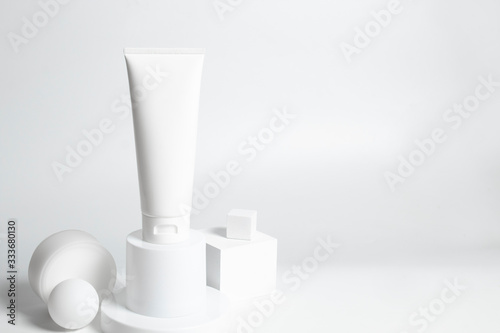 beauty treatment medical skincare and cosmetic lotion cream serum oil mockup bottle packaging product on white decor background in healthcare and medicine