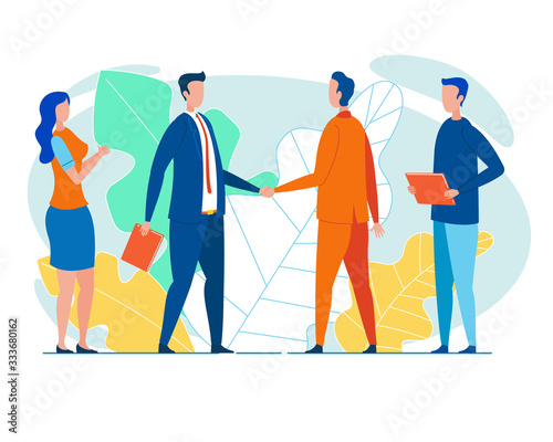 Businessmen, Leaders of Two Corporate Teams, Shaking Hands, Satisfied With Effective Cooperation, Closing Their Meeting, When Bargain is Settled, and Everyone Can Take a Respite, Having Got Their Wish