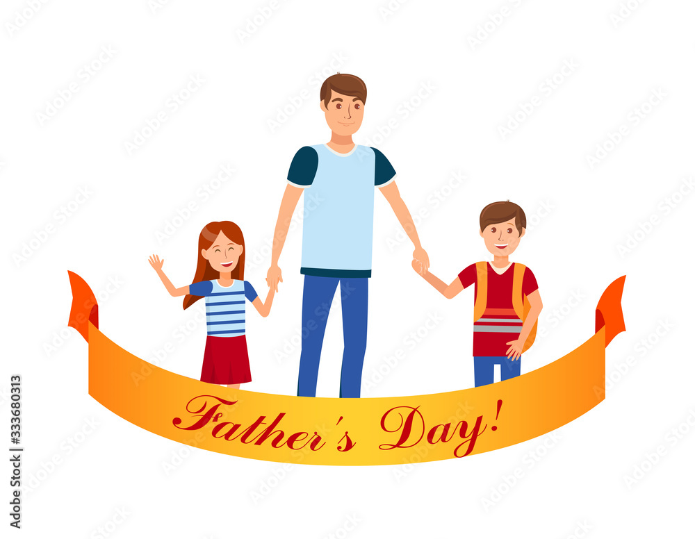 Fotografie Kids with Father Flat Color Vector Illustration
