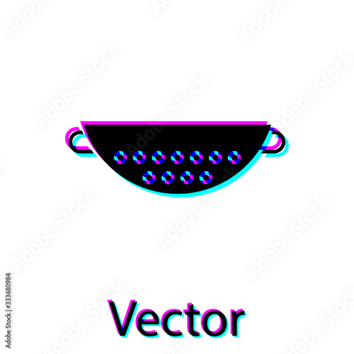 Black Kitchen colander icon isolated on white background. Cooking utensil. Cutlery sign. Vector Illustration