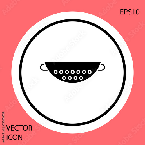 Black Kitchen colander icon isolated on red background. Cooking utensil. Cutlery sign. White circle button. Vector Illustration