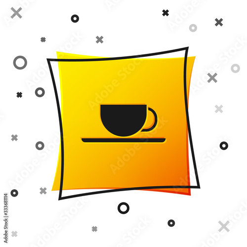 Black Coffee cup icon isolated on white background. Tea cup. Hot drink coffee. Yellow square button. Vector Illustration