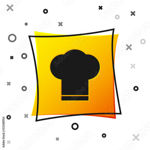 Black Chef hat icon isolated on white background. Cooking symbol. Cooks hat. Yellow square button. Vector Illustration