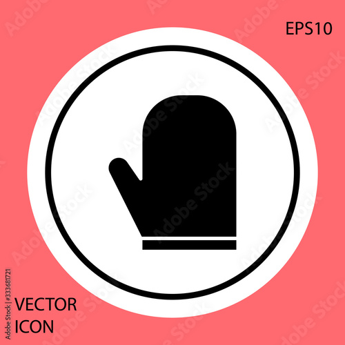 Black Oven glove icon isolated on red background. Kitchen potholder sign. Cooking glove. White circle button. Vector Illustration