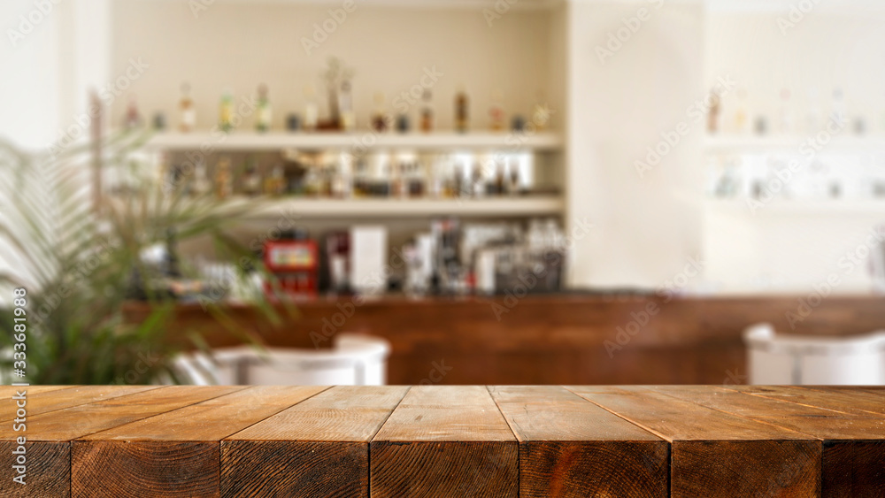 Sunny summer day and blurred interior of restaurant with bar.  - obrazy, fototapety, plakaty 