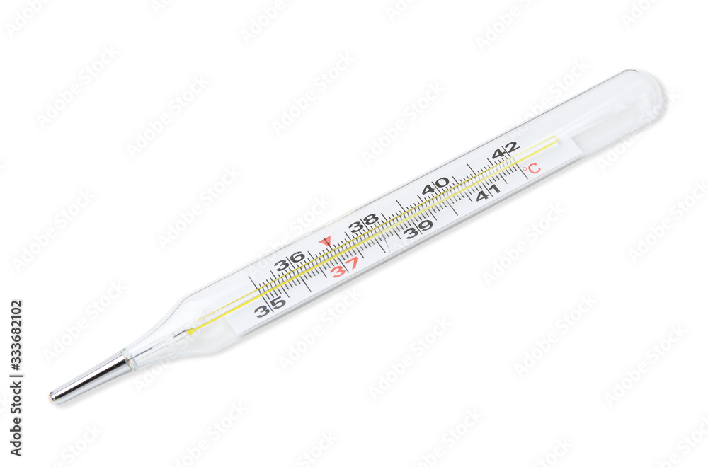 Mercury thermometer on a white background.Medical mercury thermometer, isolated on white background with clipping path. Temperature 39 Mercury thermometer on a white background.Medical mercury thermometer, isolated on white background with clipping path. Temperature 39