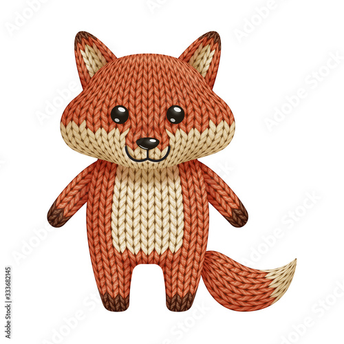 Illustration of a funny knitted red fox toy. On white background
