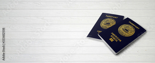 American Samao Passports on Wood Lines Bakcground Banner with Copy Space - 3D Illustration photo