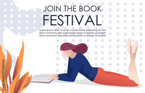 Literature Fan or Lover Reads Lying on Floor Advertising Text Banner. Cartoon Faceless Woman Reader Vector Character. Book Festival. Library Day. Intellectual Hobby Flat Illustration. Paper Editorial