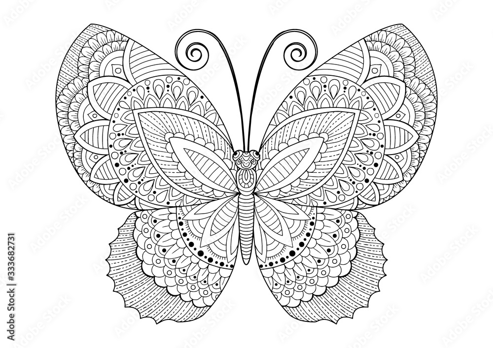 Vector black and white image of a butterfly on white background. Hand ...