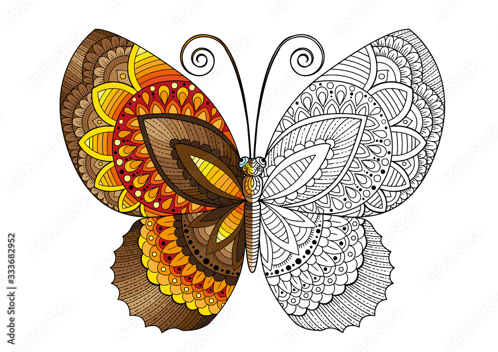 Vector black and white image of a butterfly on white background. Hand ...