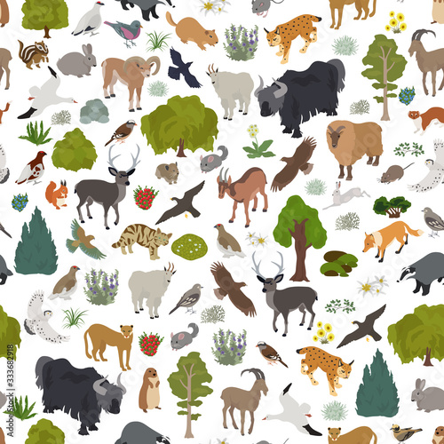 Apine tundra biome, natural region seamless pattern. Terrestrial ecosystem world map. Animals, birds and plants design set