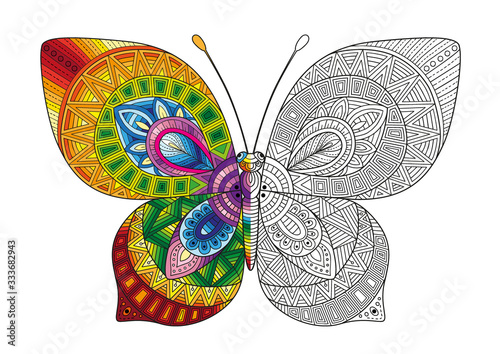 Vector black and white image of a butterfly on white background. Hand drawn butterfly zentangle style for t-shirt design or tattoo.